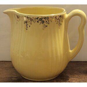HALL'S Superior Quality Kitchenware  Yellow Ribbed Pitcher Gold Floral Trim VTG